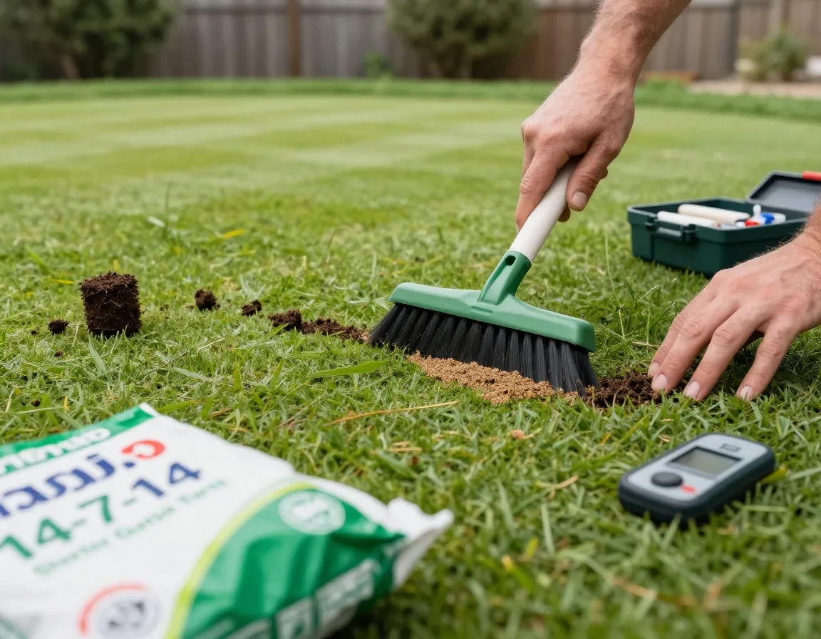 Fertilizer and topdressing application on new golf green turf