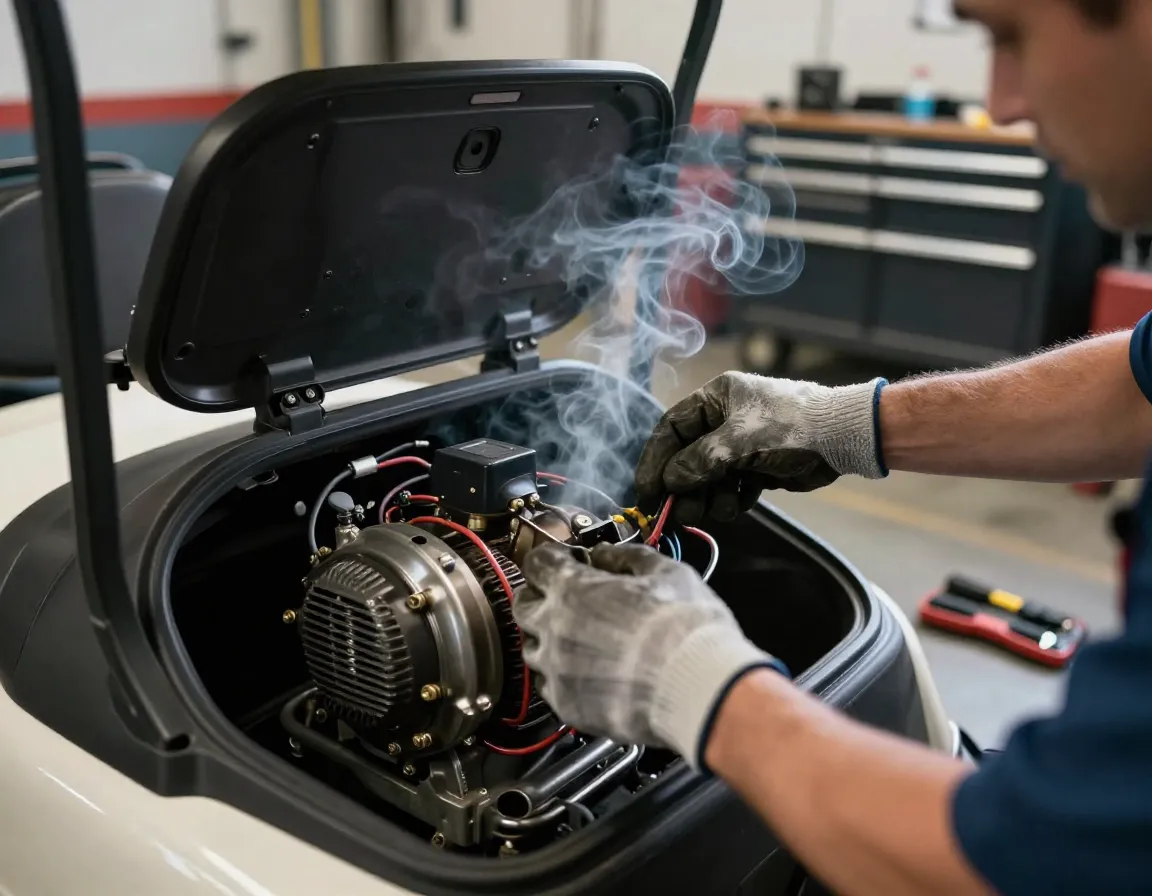 Mechanic inspecting smoking golf cart motor compartment in workshop