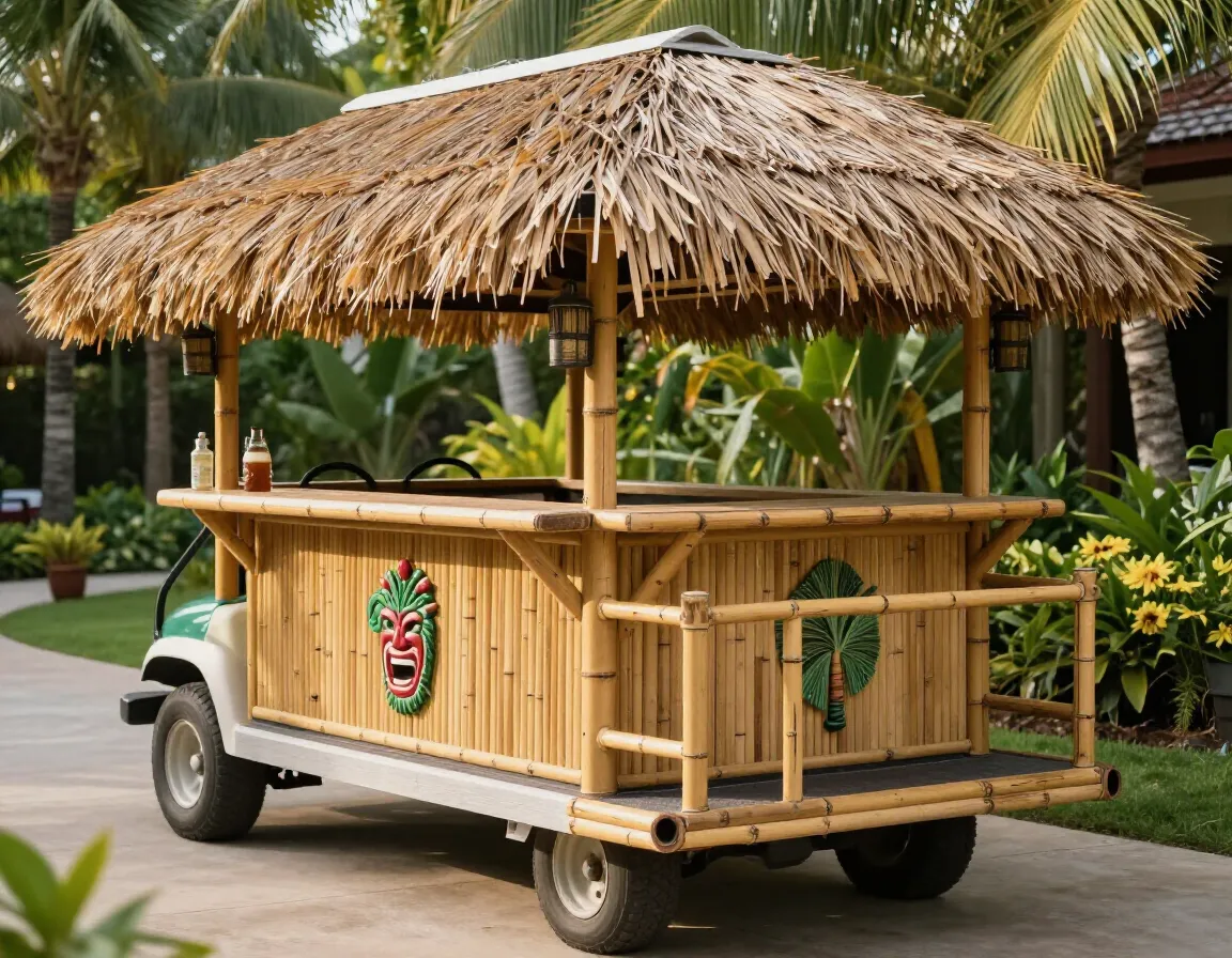 A tiki bar golf cart with bamboo trim and thatched palm frond roofing