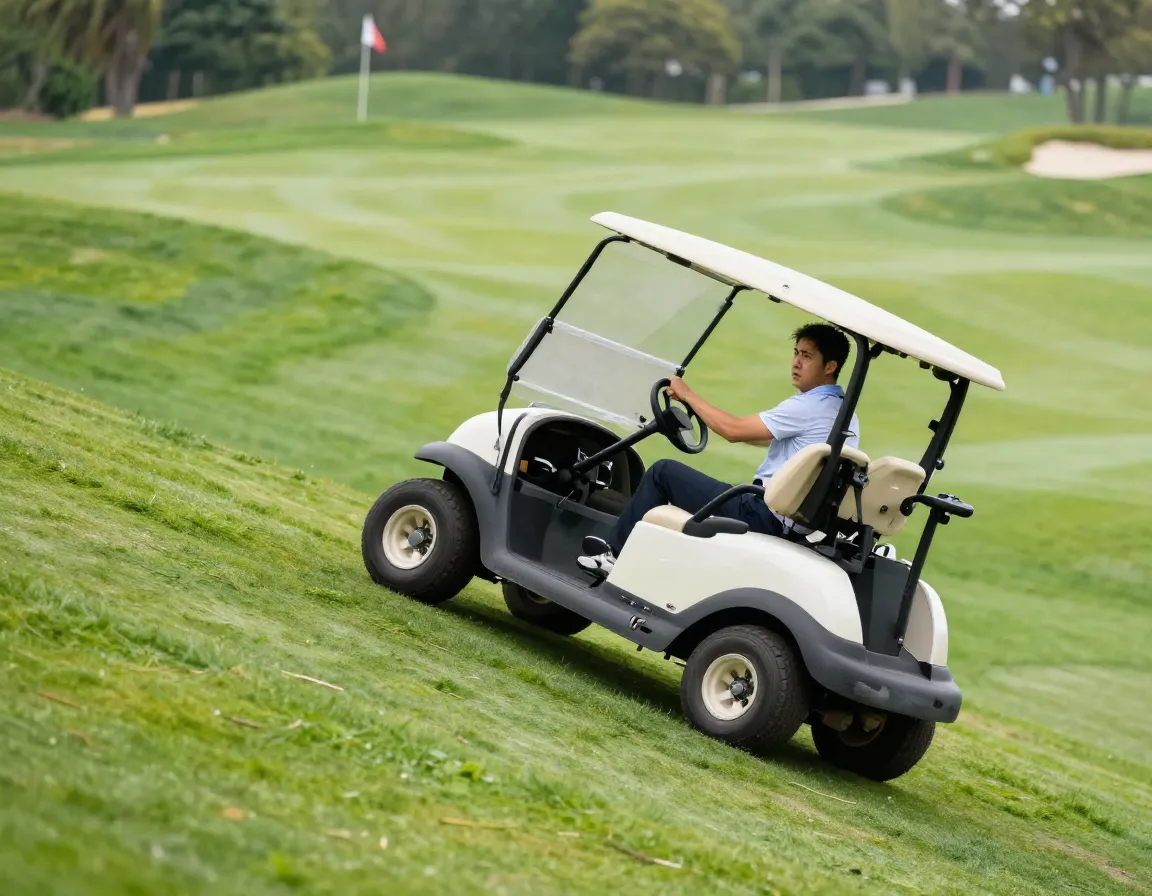Golf cart struggling to climb a steep hill on course