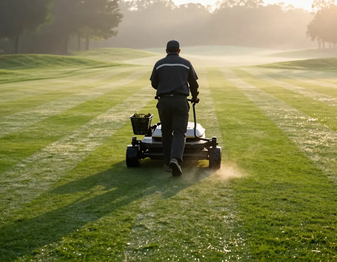 Professional reel mower cutting golf green at dawn