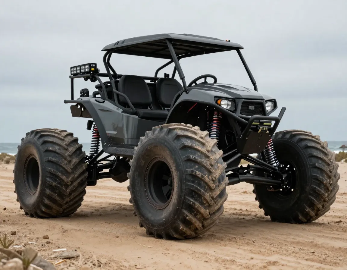 A monster truck golf cart with lifted suspension and large all terrain tires