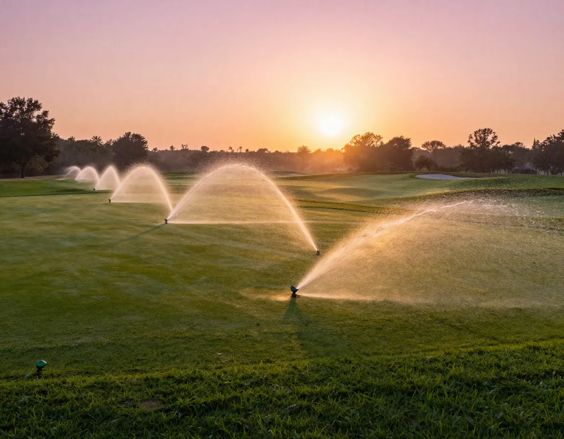 Automated irrigation system watering golf green at sunrise
