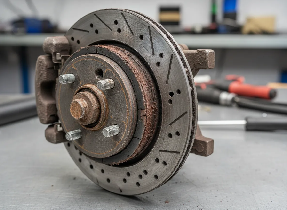 Close up of worn brake pads and rotor on golf cart