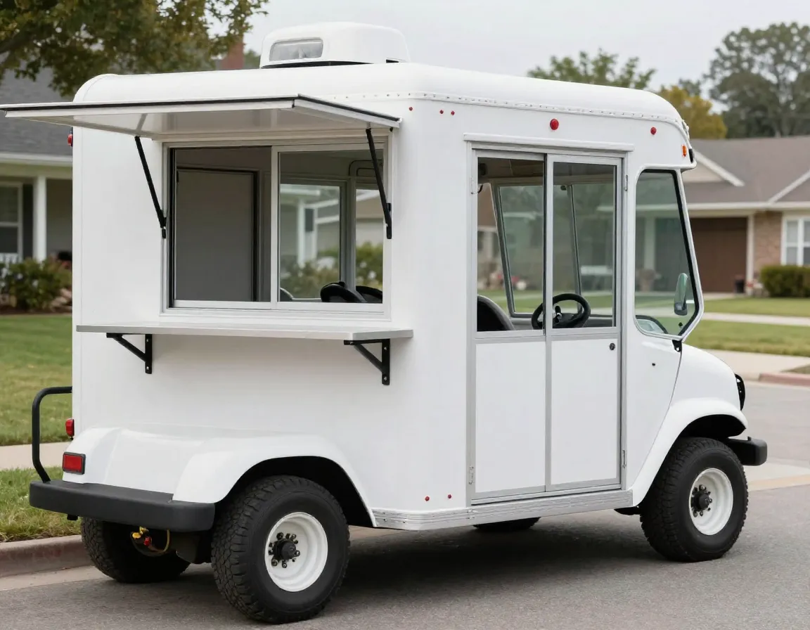 A food truck themed golf cart with serving windows and storage compartments