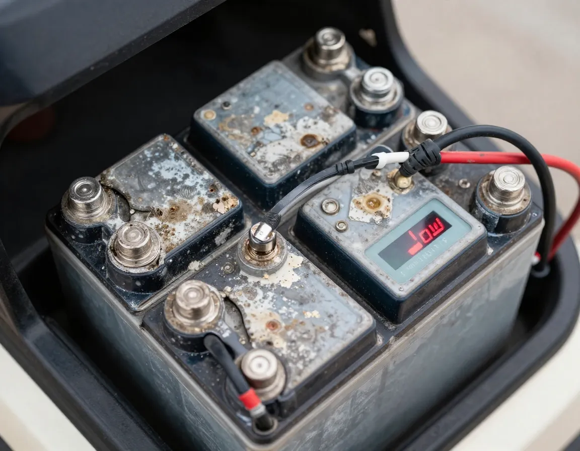 Golf cart battery with corroded terminals and low charge indicator