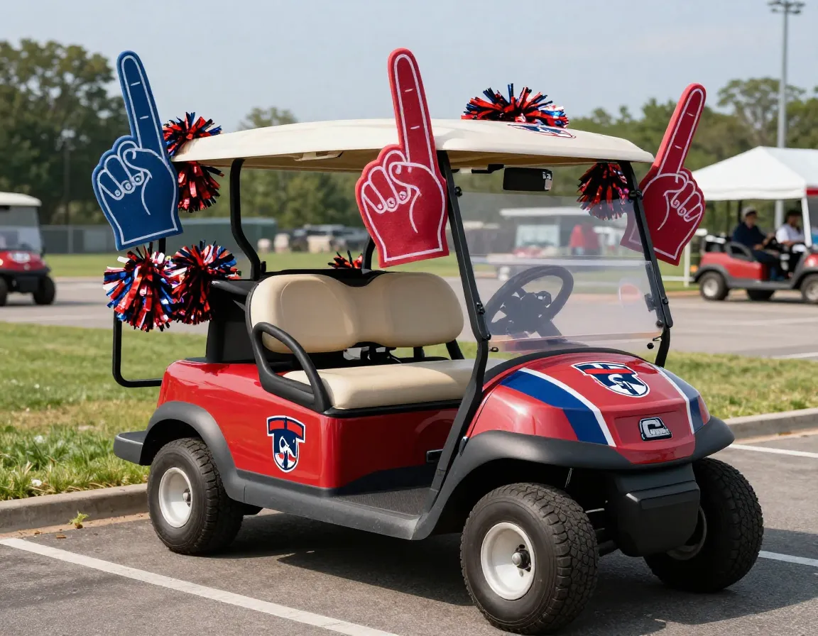 A sports team themed tailgate golf cart with team colors and foam fingers