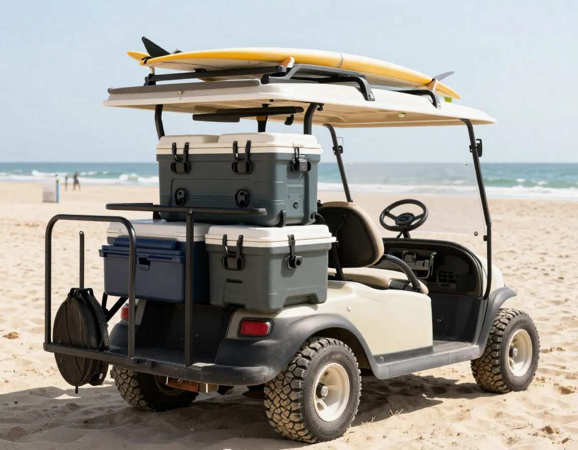 A beach party command center golf cart with surfboard racks and coolers