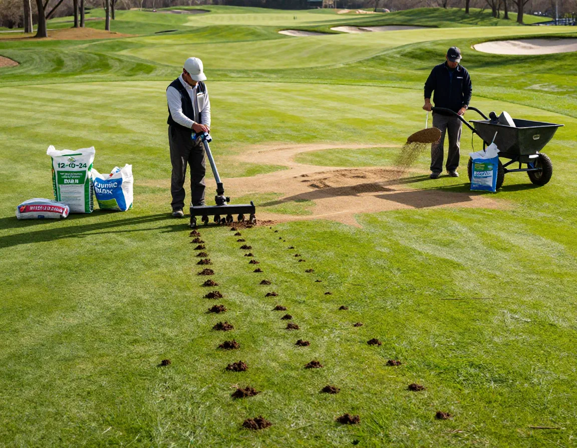 Seasonal golf green maintenance with core aeration and topdressing