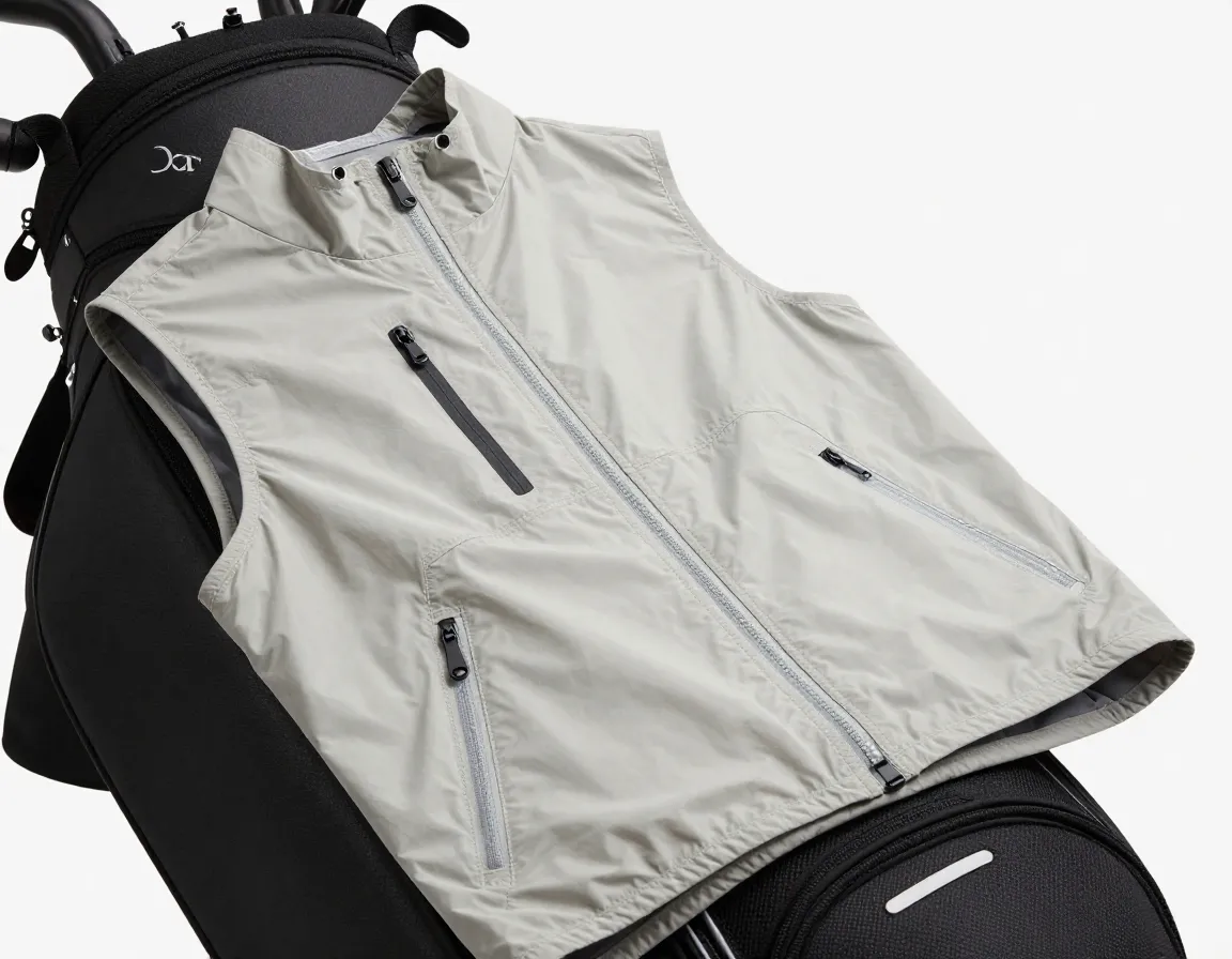Water repellent wind vest packable in golf bag for changing weather