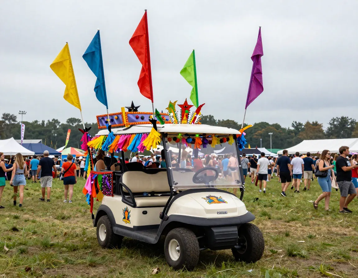 A festival ready golf cart decorated with colorful flags and banners