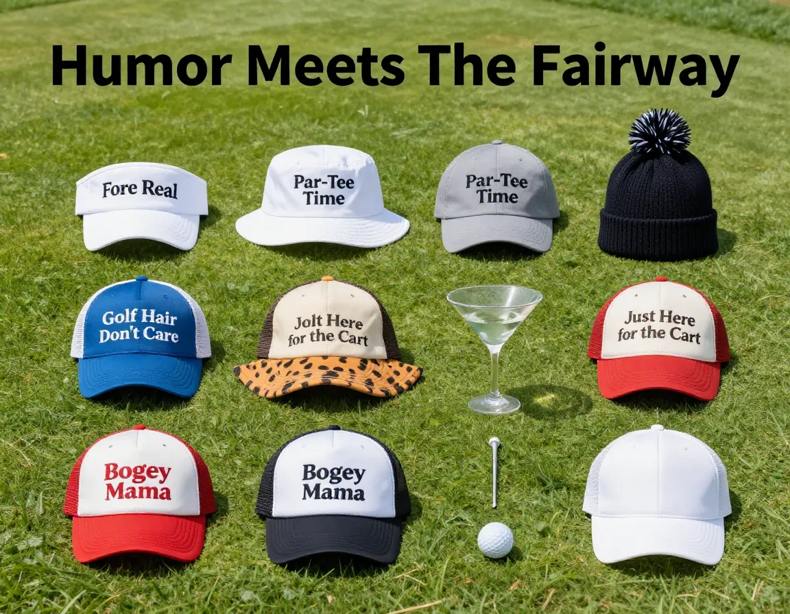 Grid of nine humorous womens golf hats on green fairway