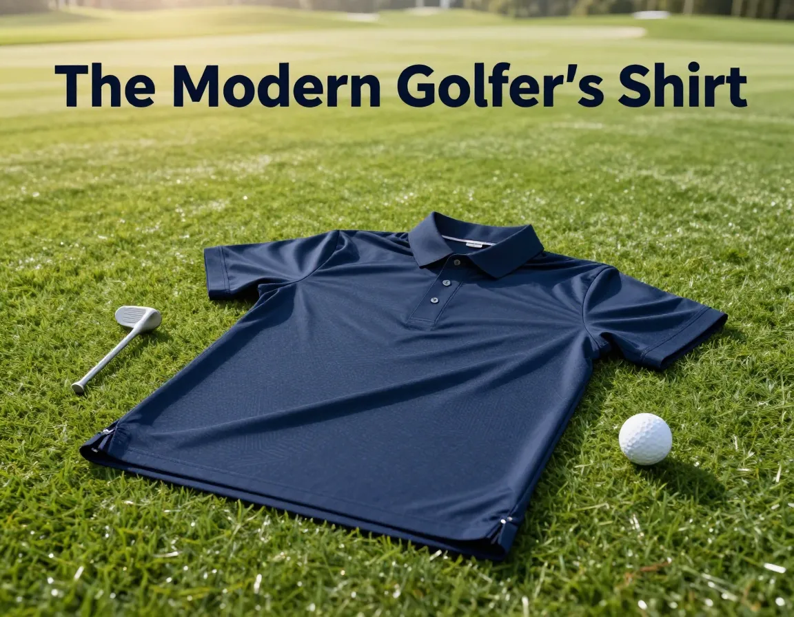 Premium golf polo on green turf with tee and ball