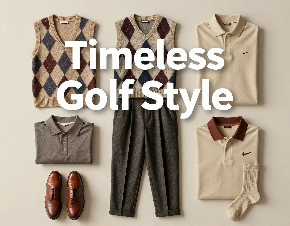 Vintage golf wardrobe flatlay knit vest argyle pleats poloshirt