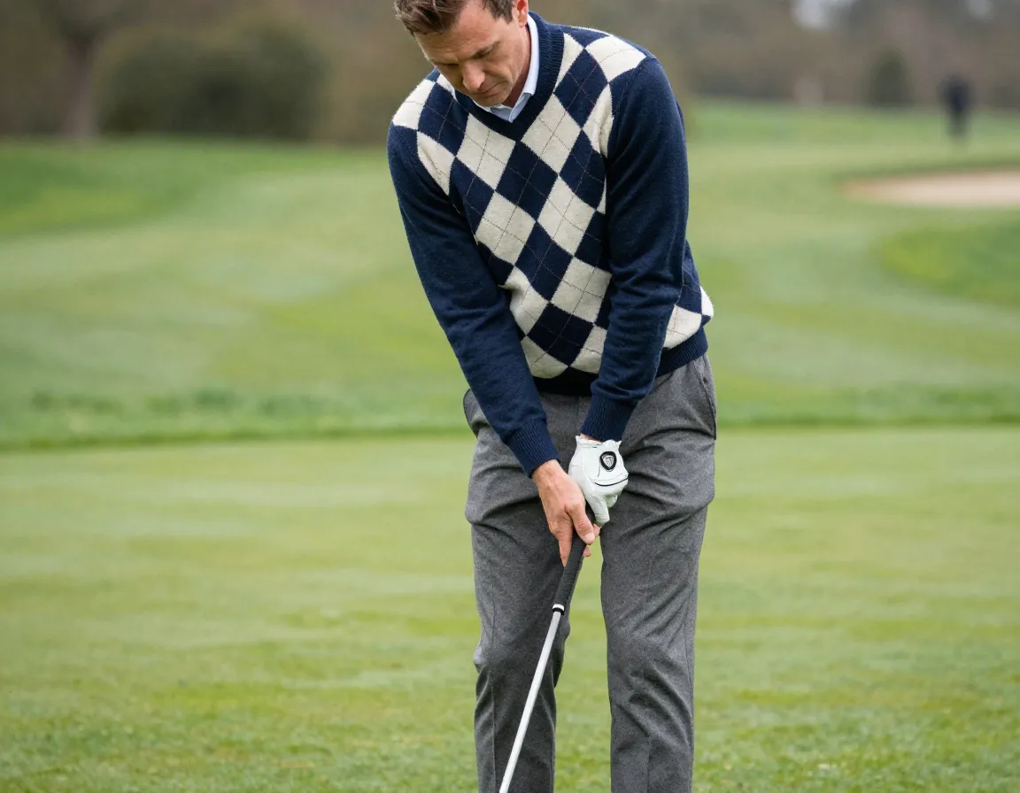 A sophisticated golfer wearing an argyle sweater and flannel trousers