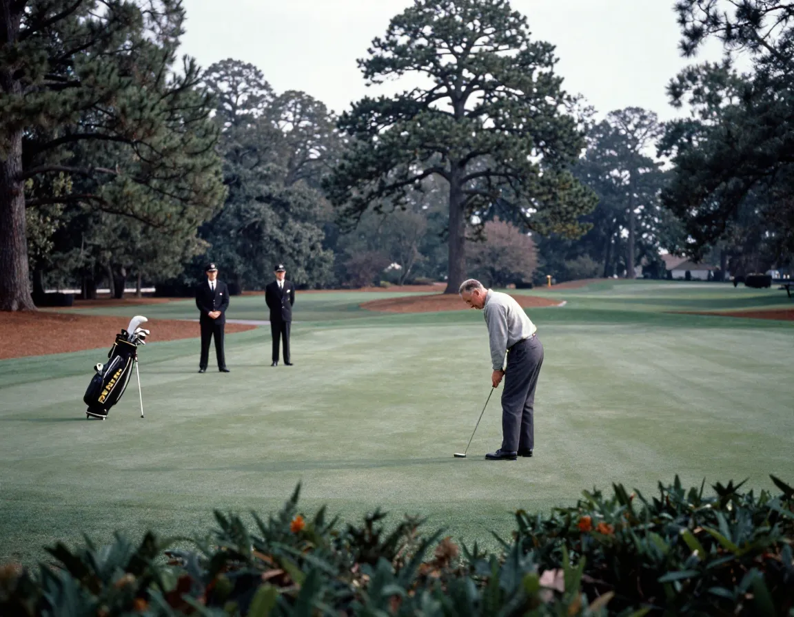 President eisenhower putting on empty augusta 18th green with secret service