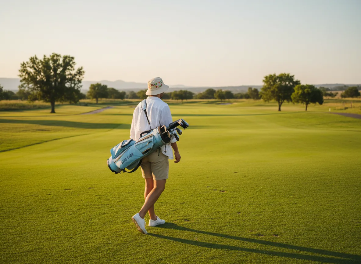 Relaxed person wearing a par tee time bucket hat on a golf fairway