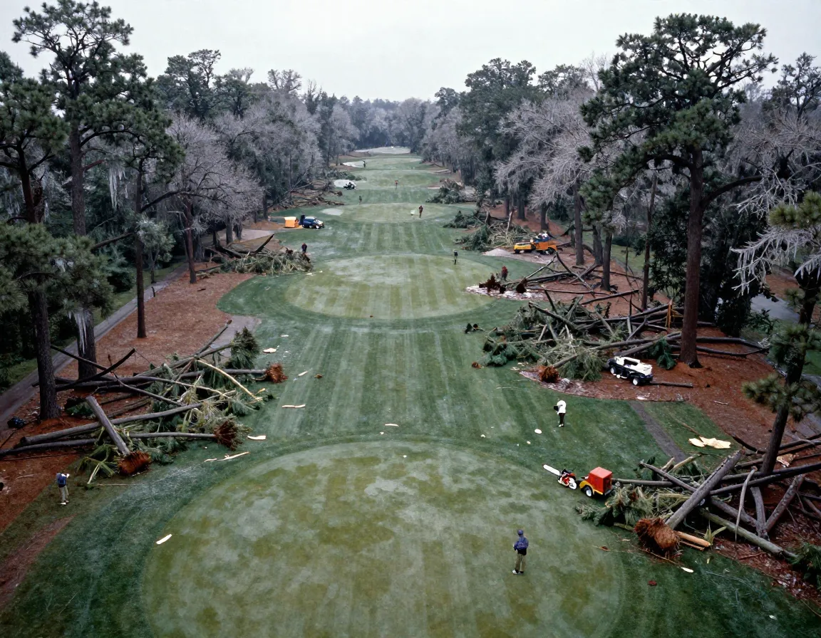 Aerial view of augusta national after 1973 ice storm showing fallen trees