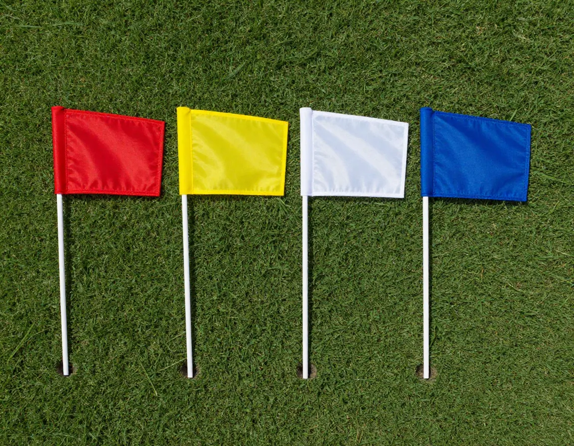 Color coded golf flags on green signaling recent maintenance activities
