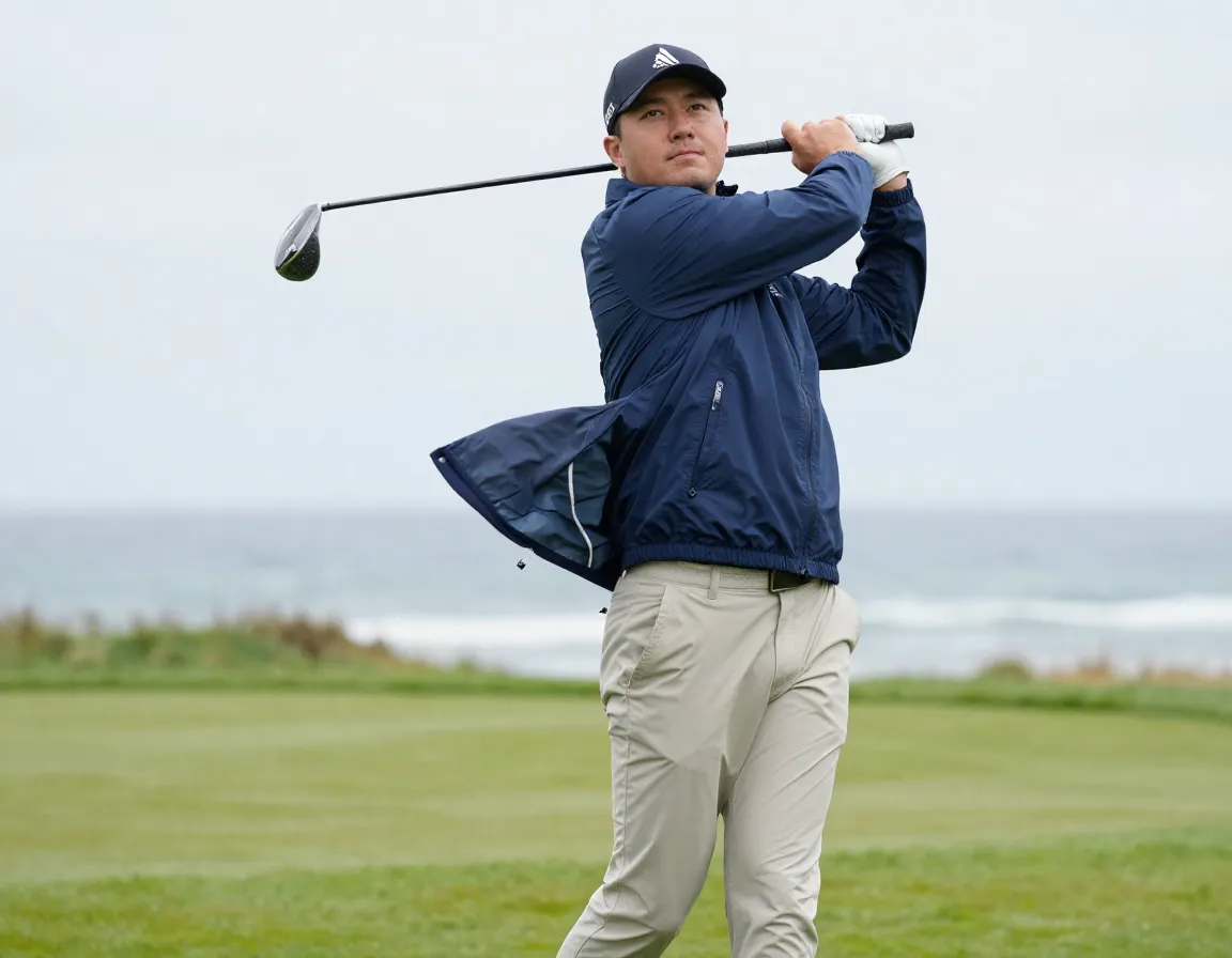 A golfer in a nylon windbreaker and slacks braces against the wind