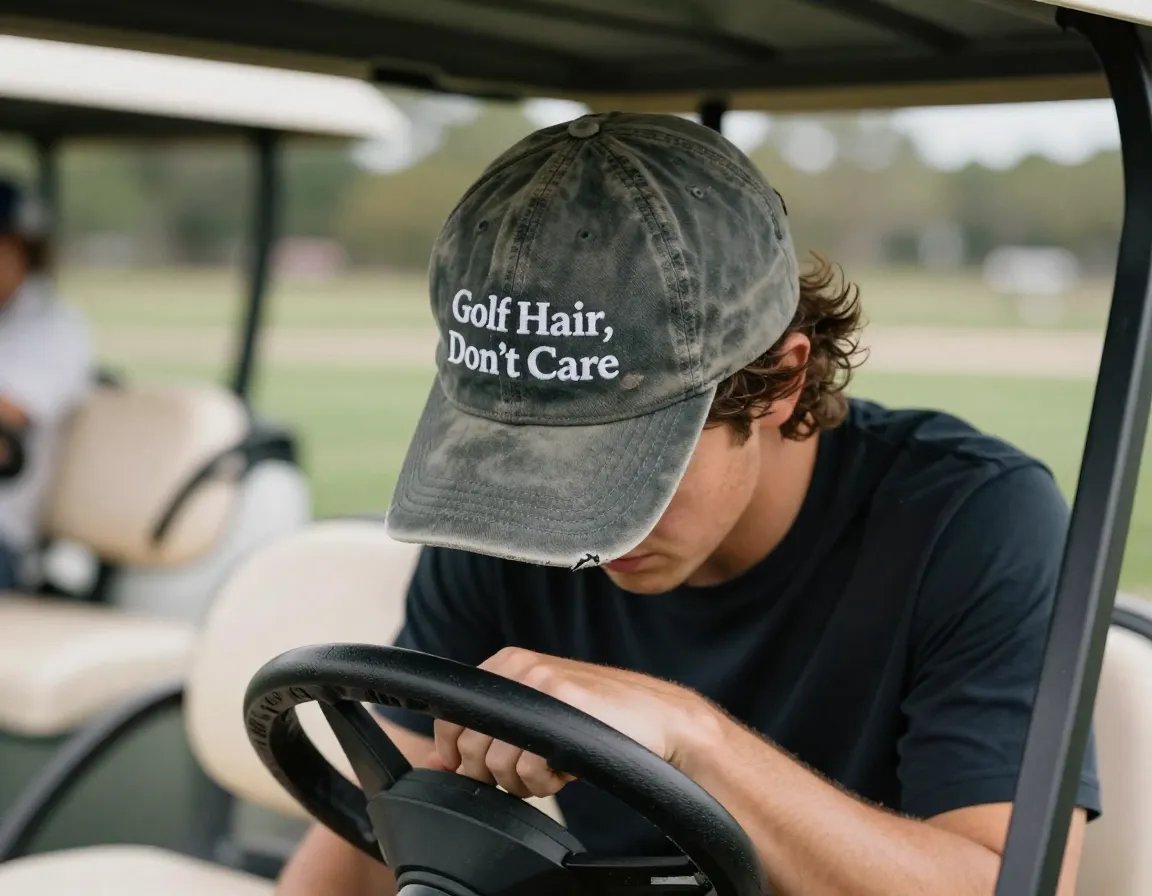 Distressed baseball cap with golf hair dont care text on a golf cart