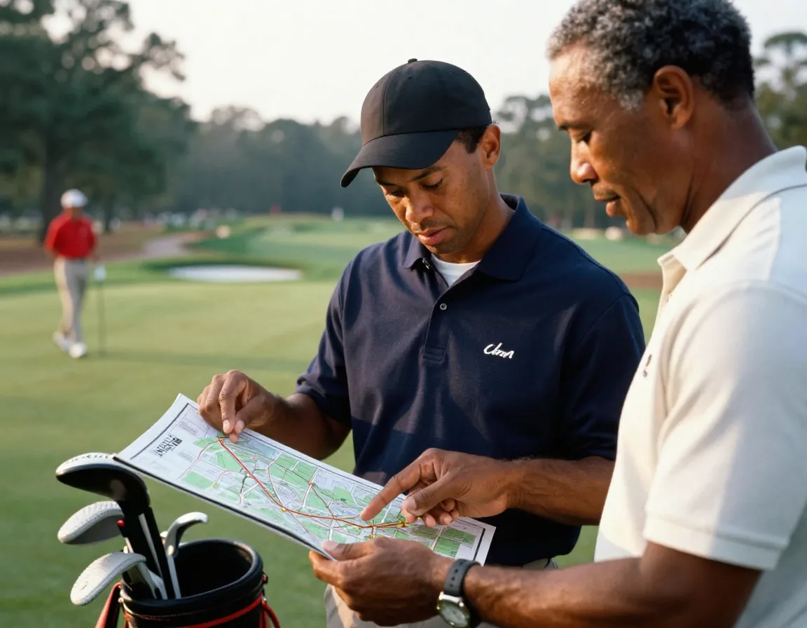Young tiger woods and earl studying augusta course map during practice round