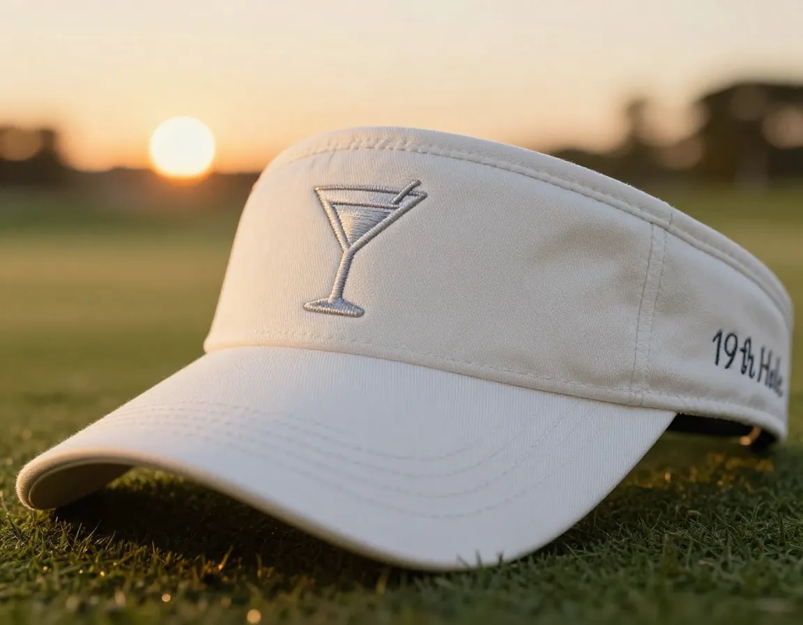 Elegant visor with a subtle embroidered martini glass at sunset