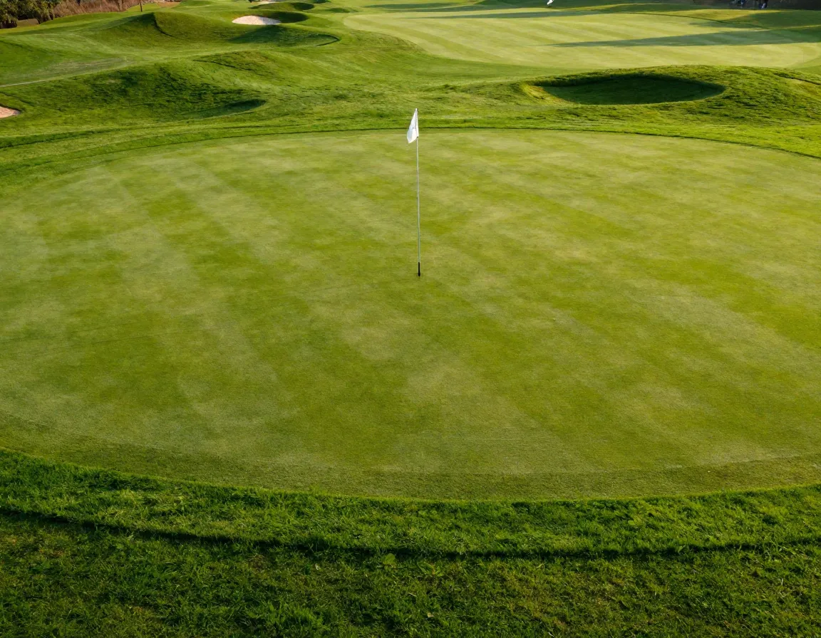 Golf flag positioned distantly from green edge showing recovery zone