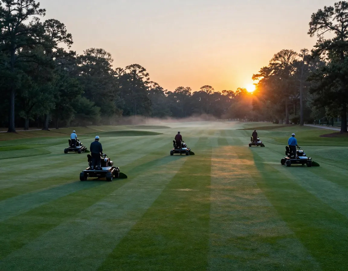 Augusta grounds crew meticulously mowing fairways at sunrise