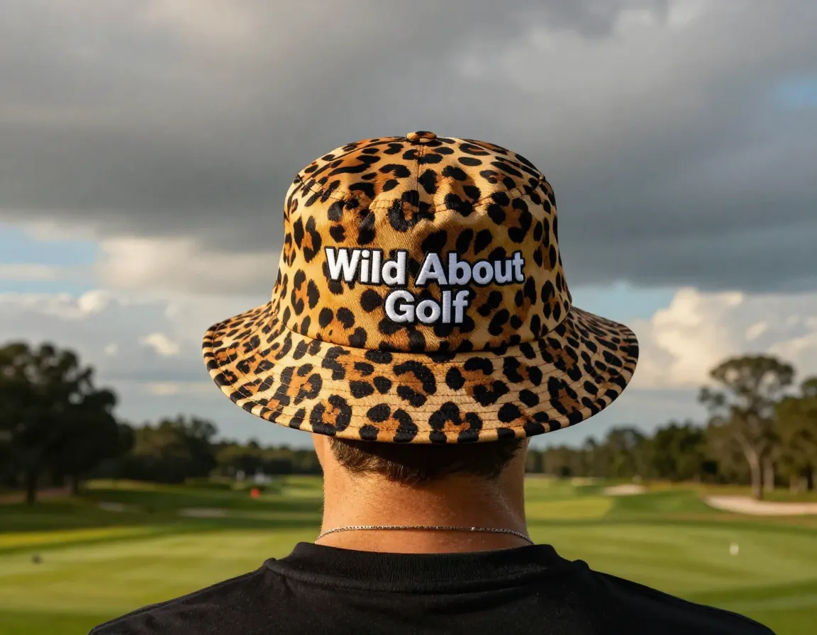 Leopard print wild about golf bucket hat on golf course