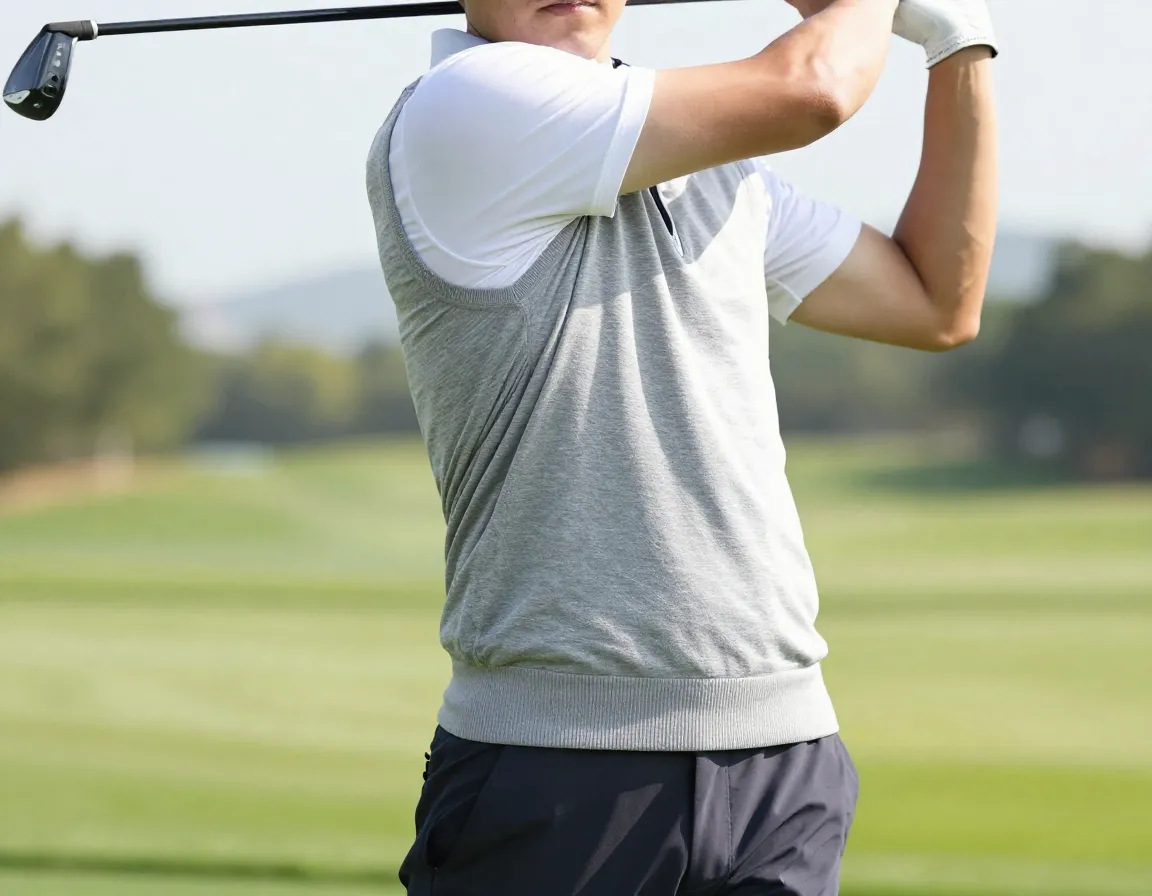 A modern golfer wearing a sleek knitted performance vest top