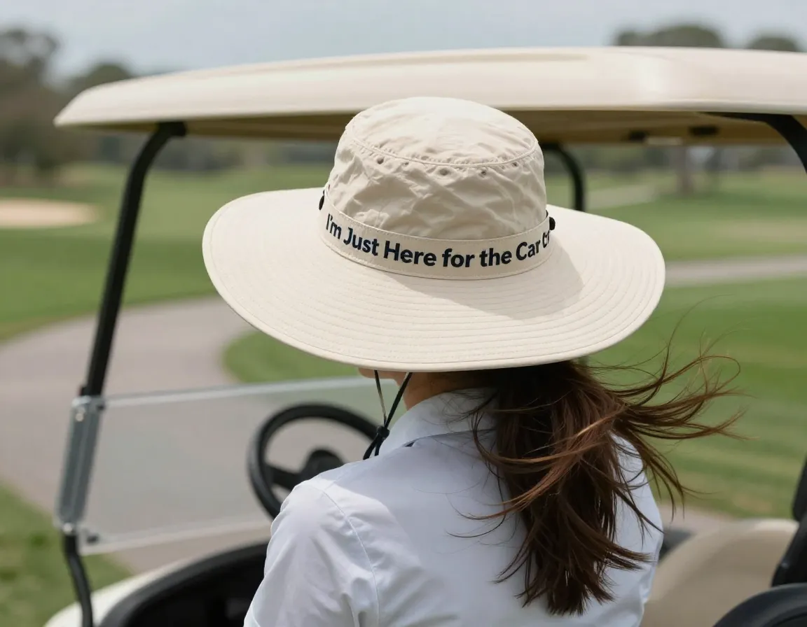 Wide brimmed sun hat with im just here for the cart text in wind