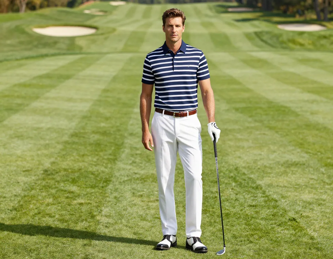 A preppy golfer in a striped polo and pleated technical trousers