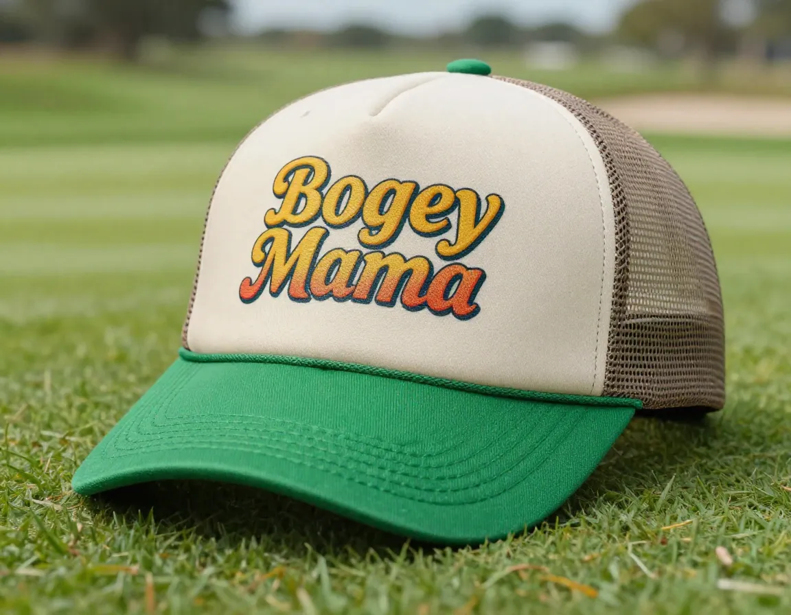 Retro mesh back trucker hat with bogey mama graphic on green