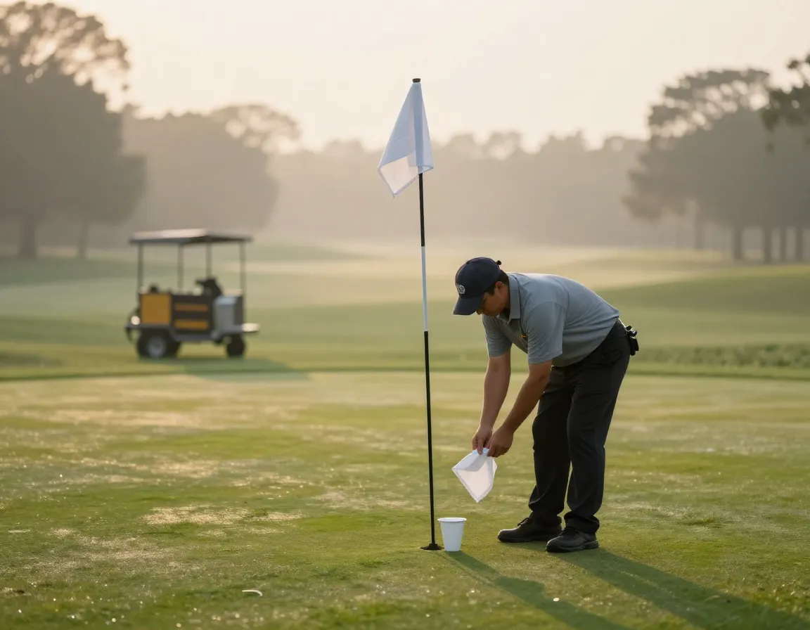 Superintendent changing golf flag at dawn indicating maintenance window
