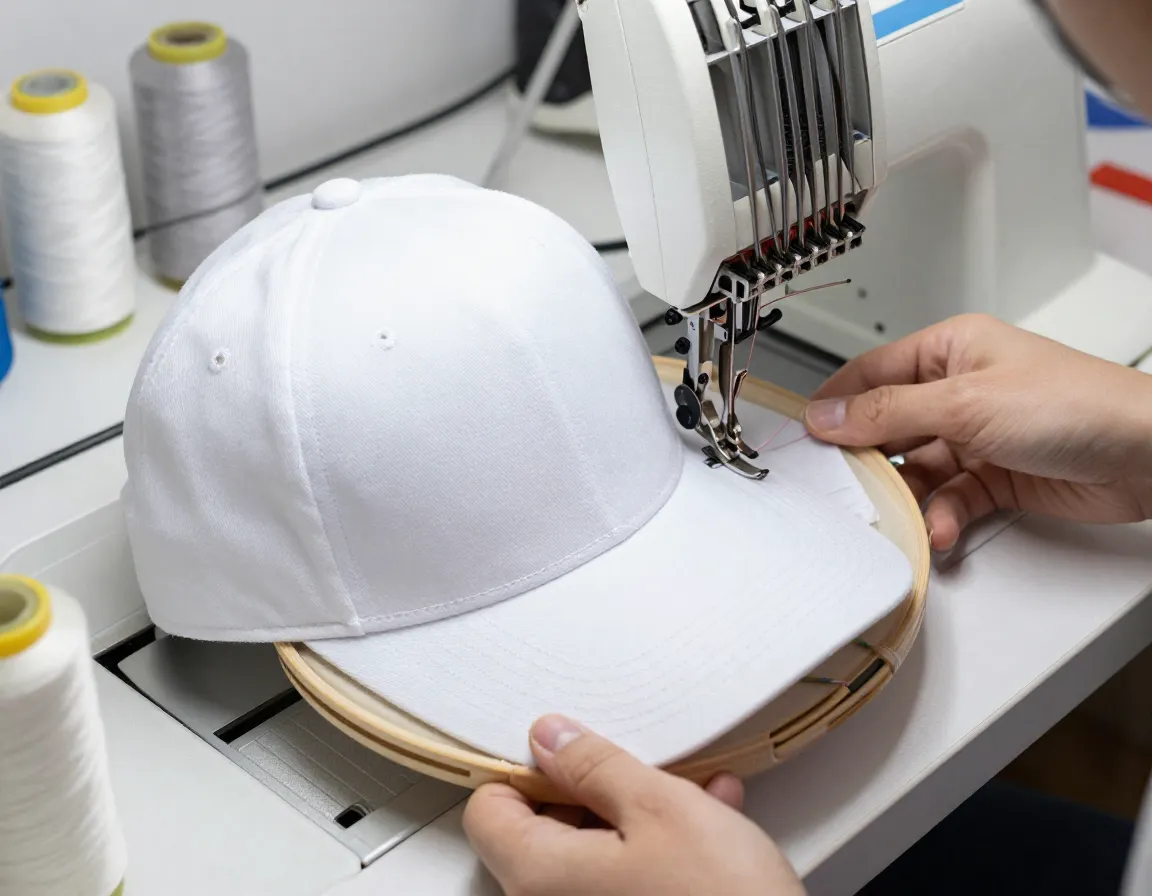 Blank white cap with custom embroidery machine creating a personal design