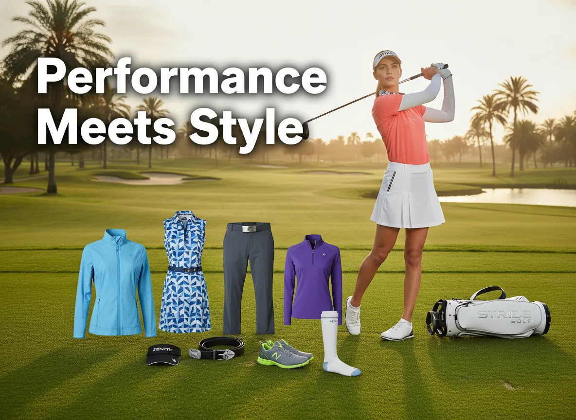 Confident golfer modern apparel brand showcase fairway sunrise