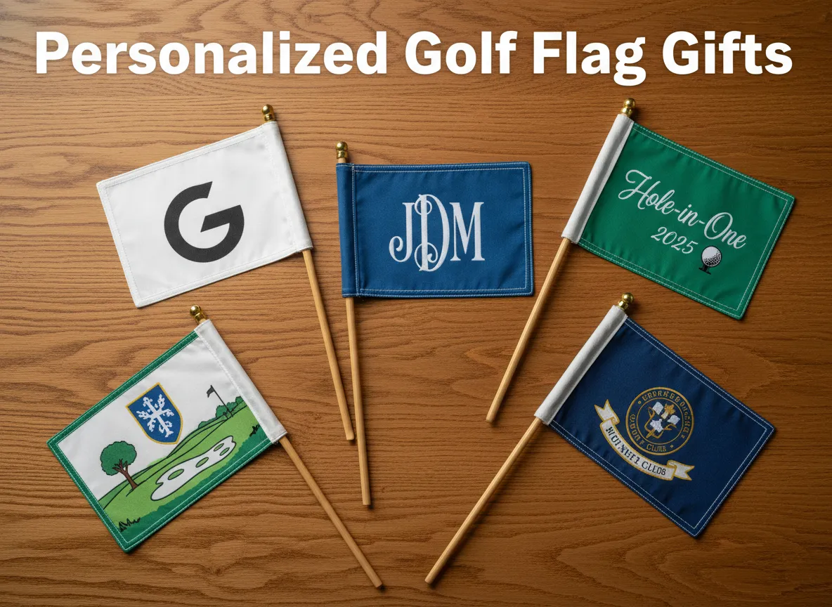Personalized golf flags monogram corporate hole in one achievement gift collection flat lay