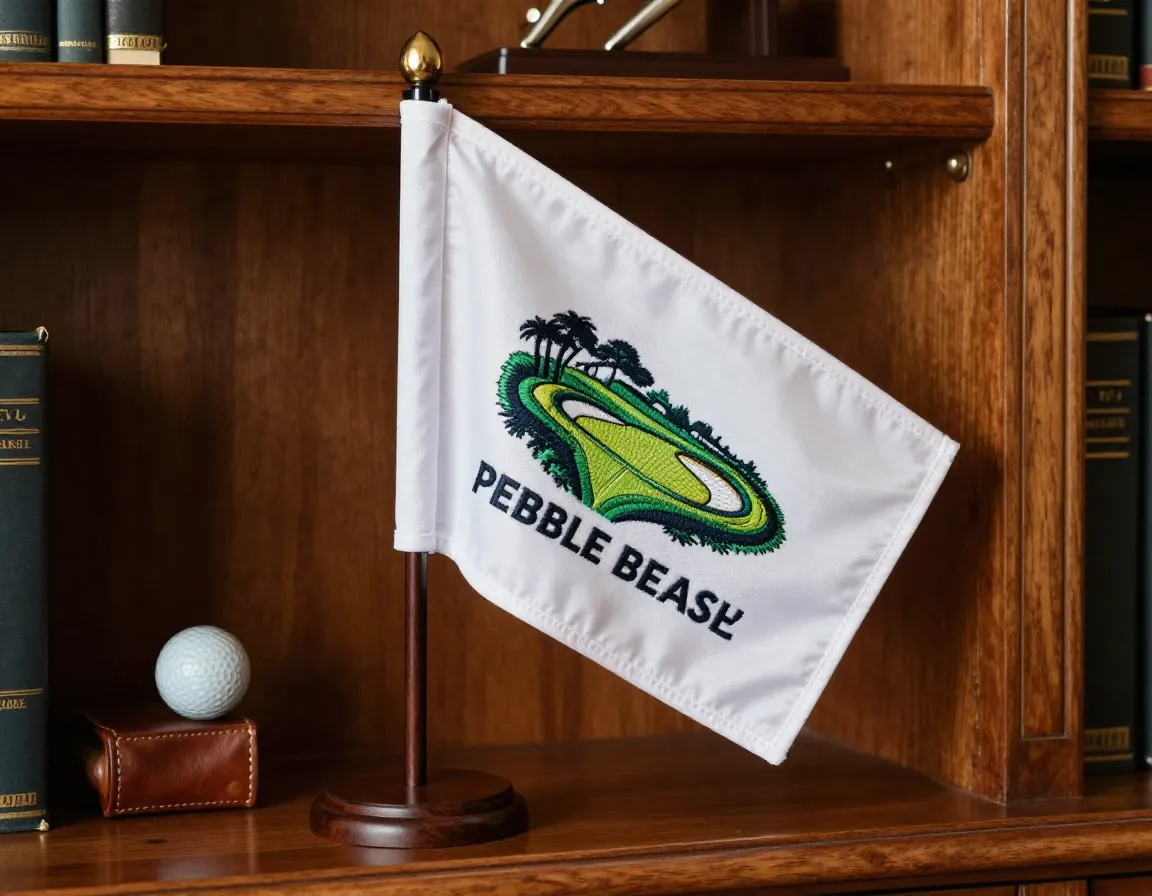 Custom course commemoration flag displayed in elegant wood paneled office