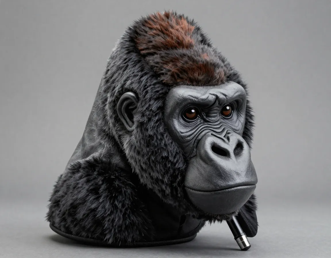 Realistic gorilla head golf cover with furry texture on a driver