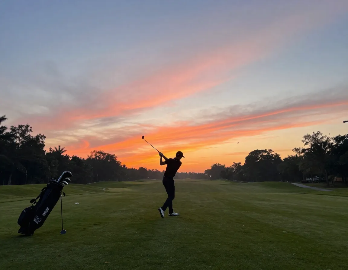 Serene golfer alone on tee at dawn with vibrant sunrise sky
