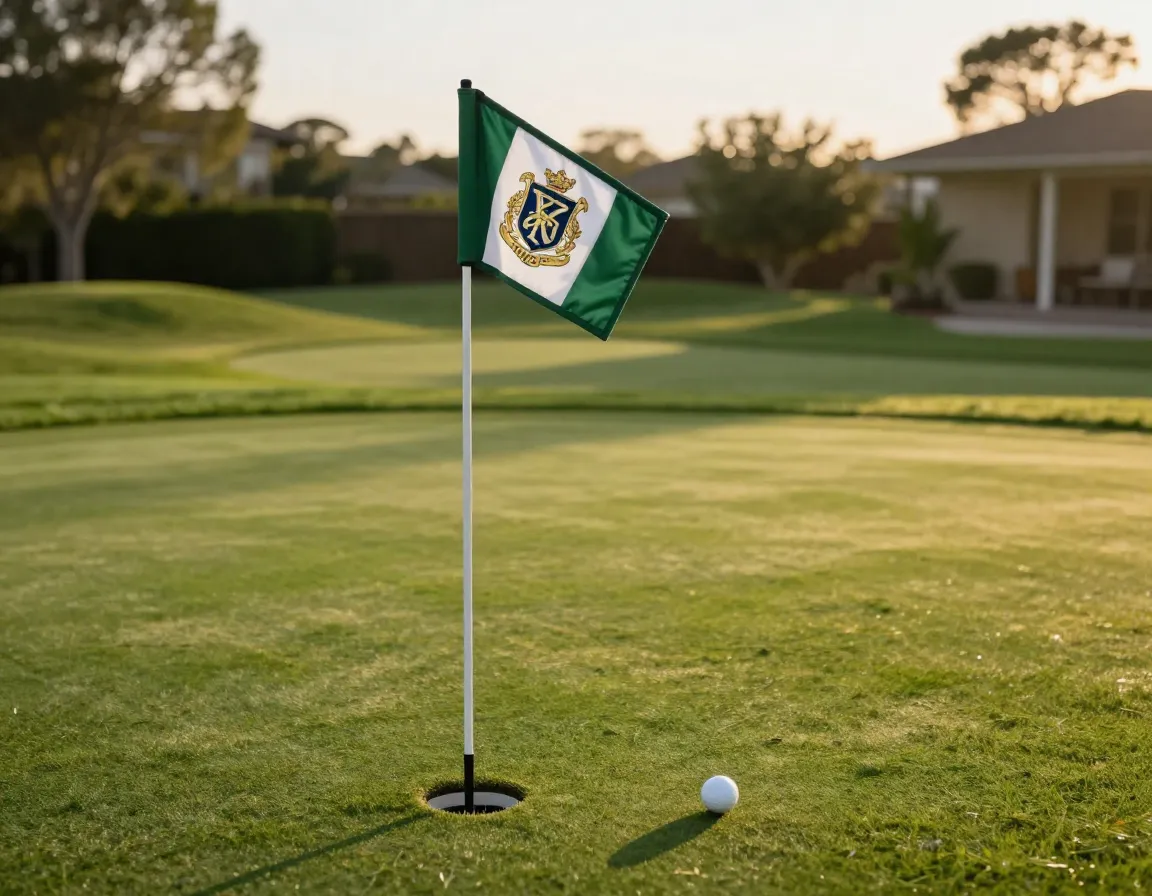 Family crest monogram golf flag on a backyard putting green