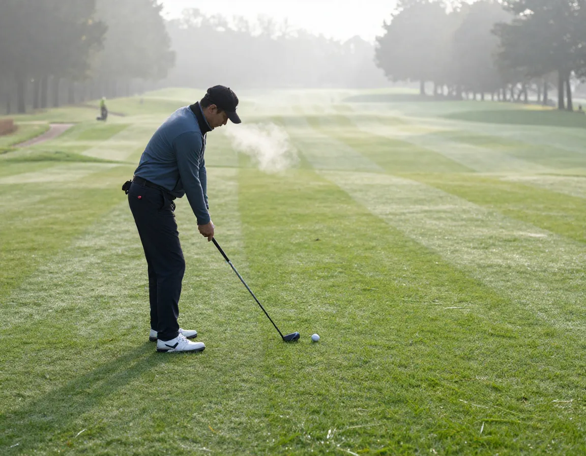 Golfer on cool morning fairway with visible breath and ideal conditions