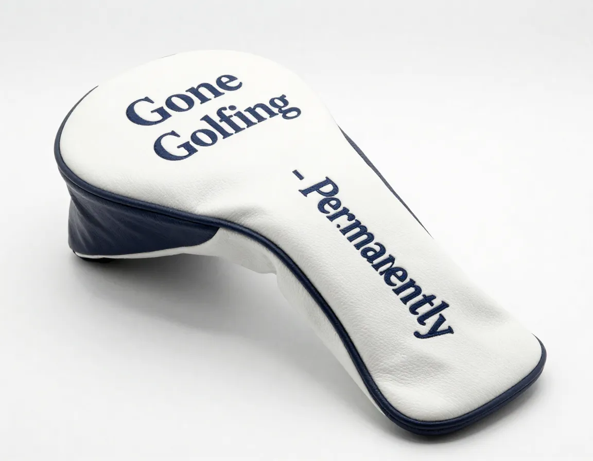 Retirement themed golf head cover with gone golfing text