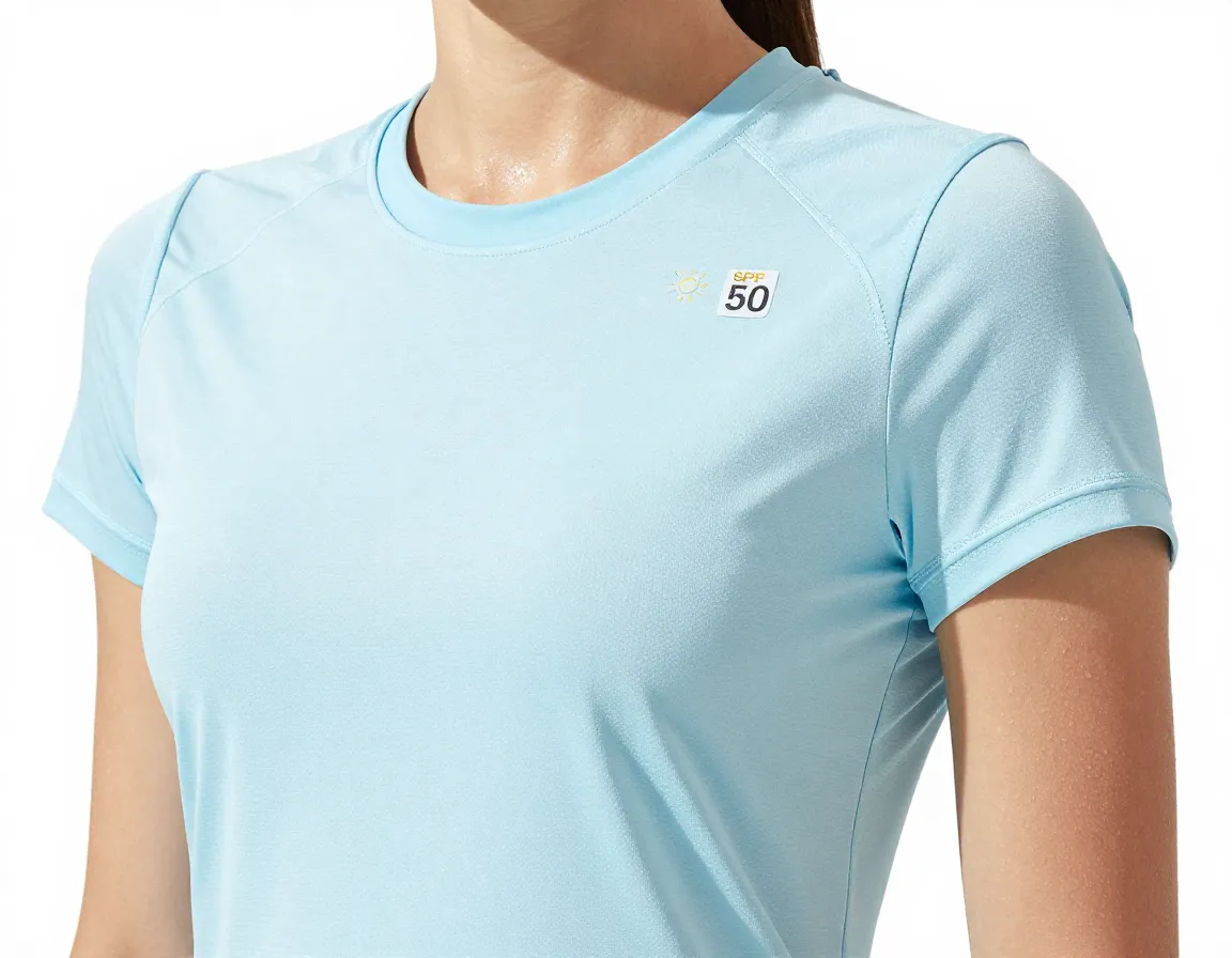 Woman in a light blue golf shirt with advanced sun protection technology on a bright sunny course