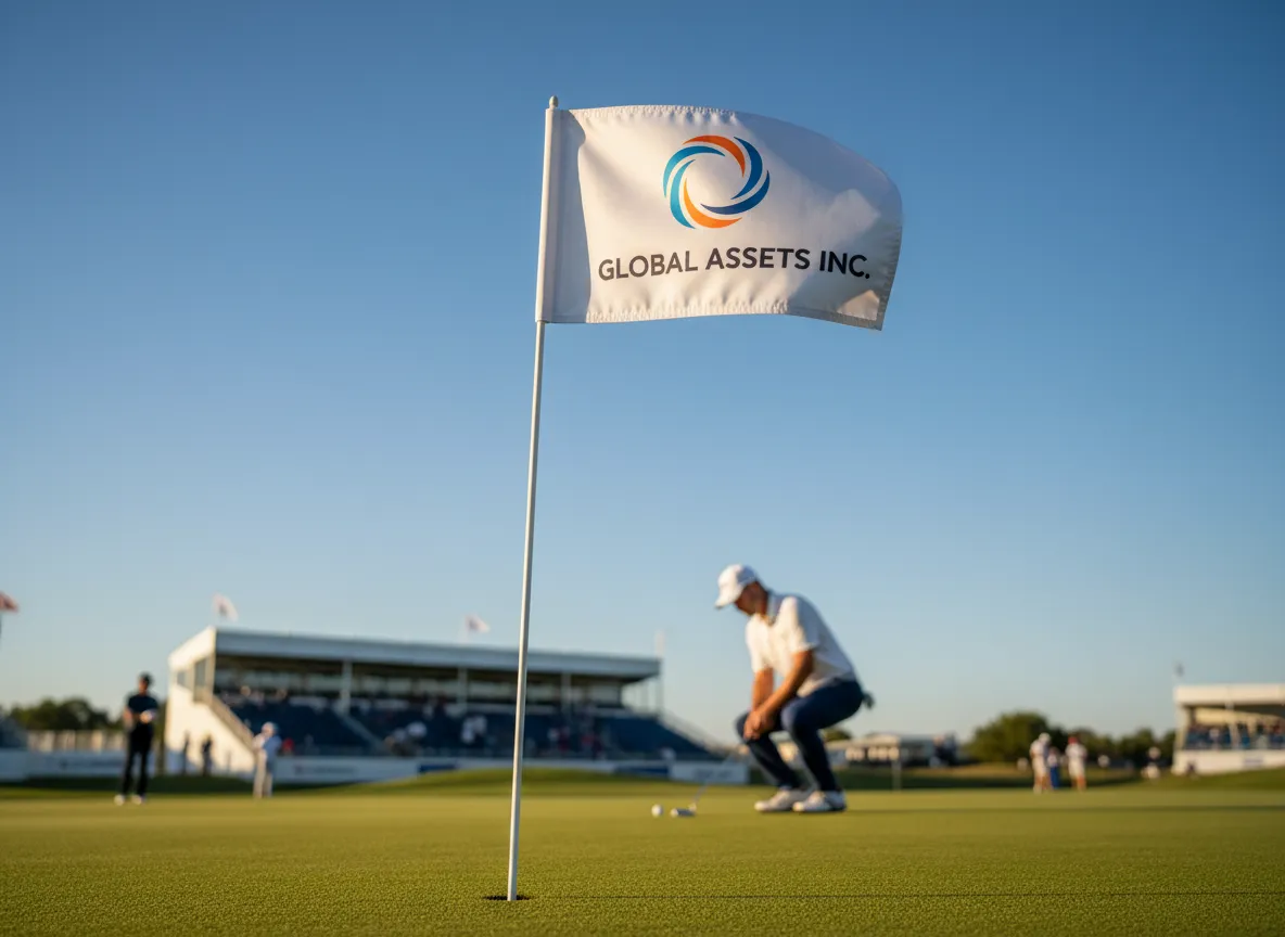 Corporate sponsor event flag at a professional golf tournament