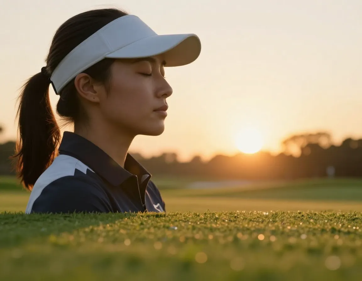 Golfer in meditative pose on green during sunrise golden hour