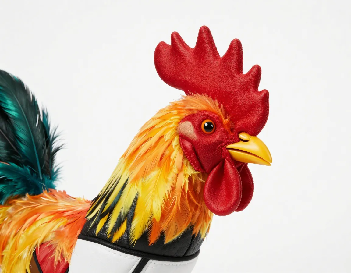 Colorful rooster head golf cover with feathers on a putter