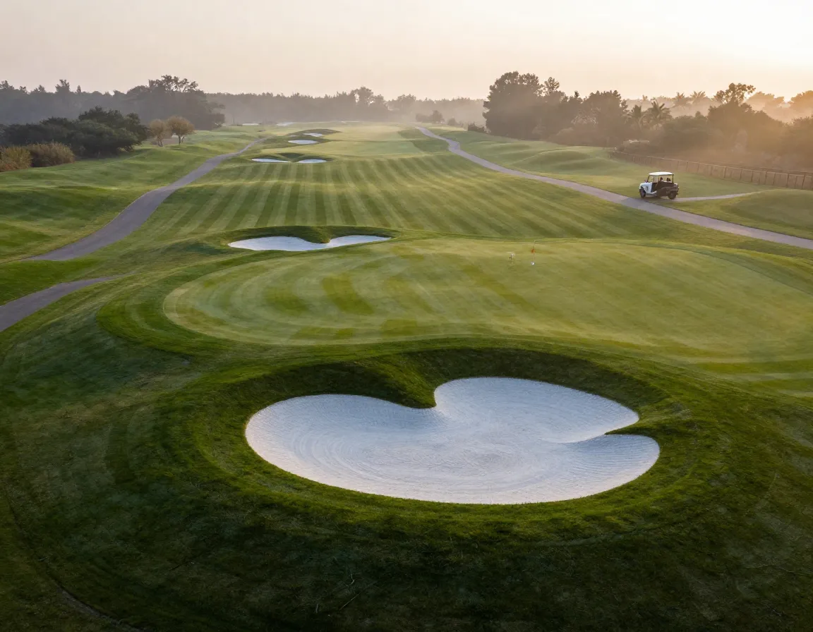 Pristine golf course at sunrise with fresh cut lines and raked bunkers