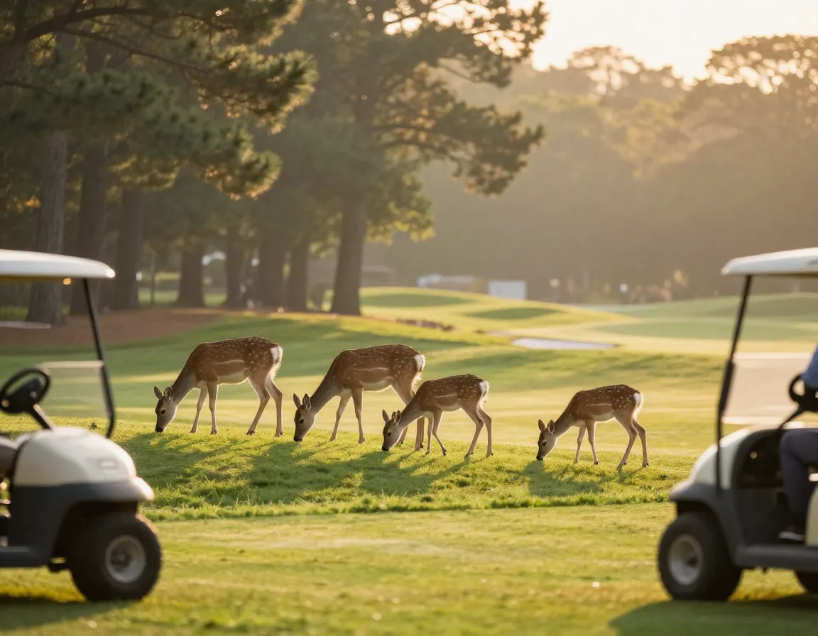 Deer family on fairway edge during sunrise golf round